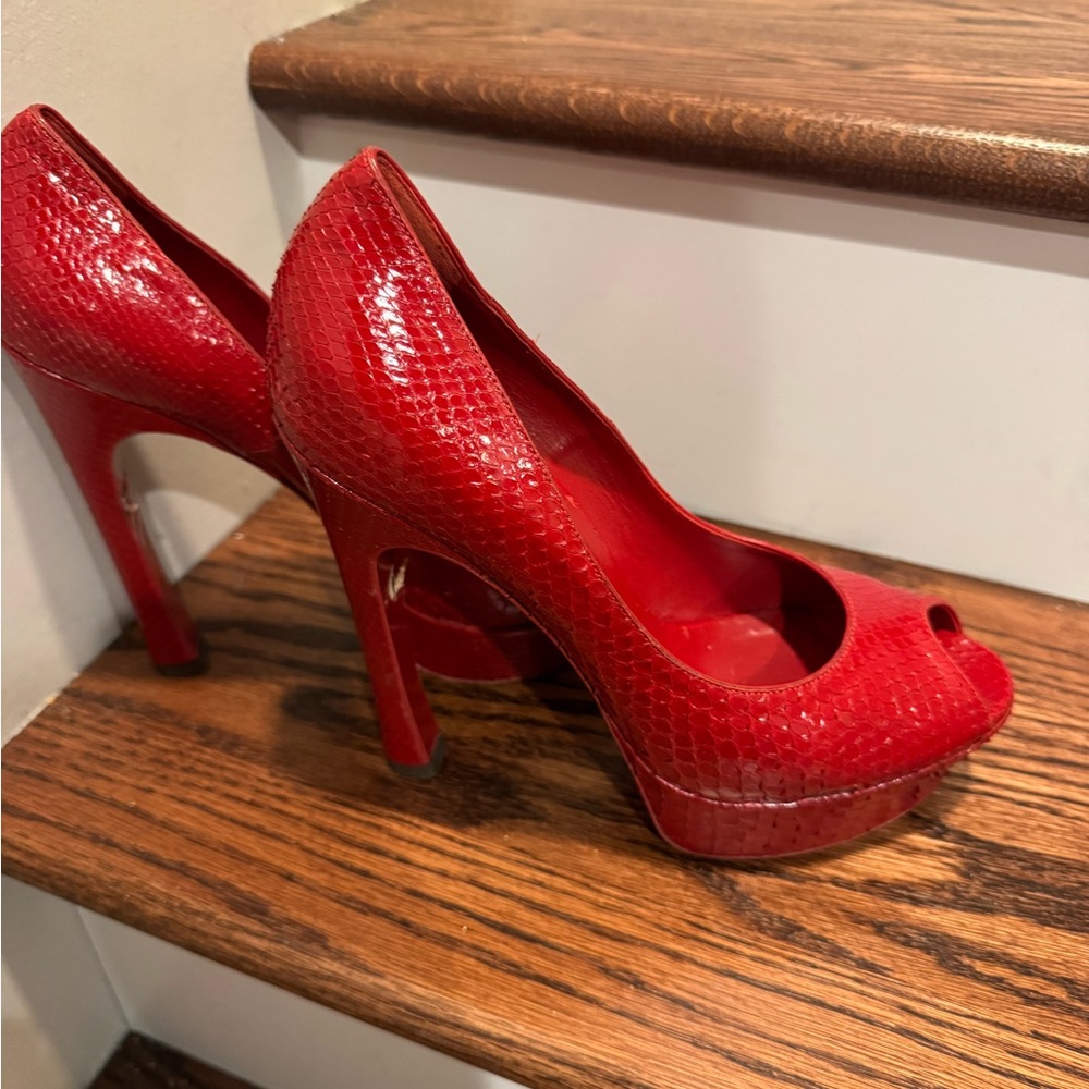 Yves Saint Laurent Red High Heel Pumps with Peep-Toe